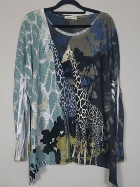 Jess & Jane Kenya Giraffe Wearable Art Tunic Top Size 3X Long Sleeve Made USA